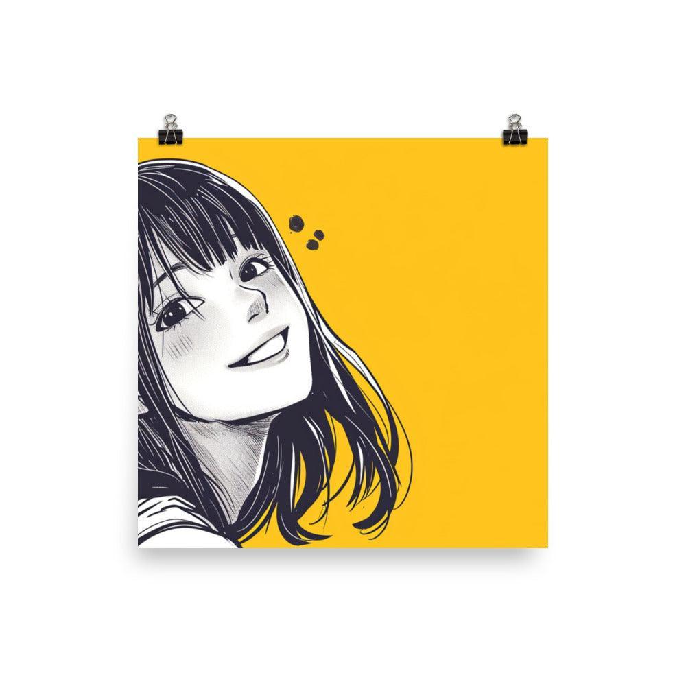 Cheerful Manga Girl Monochrome Portrait Yellow Background Poster - Oh Posters