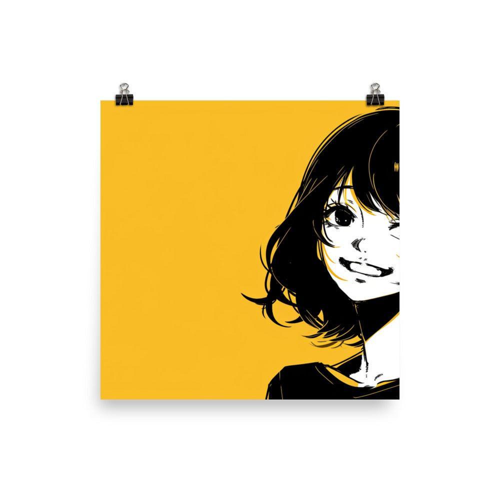 Japanese Manga Style Girl with Bob Cut Smiling Yellow Background Poster - Oh Posters