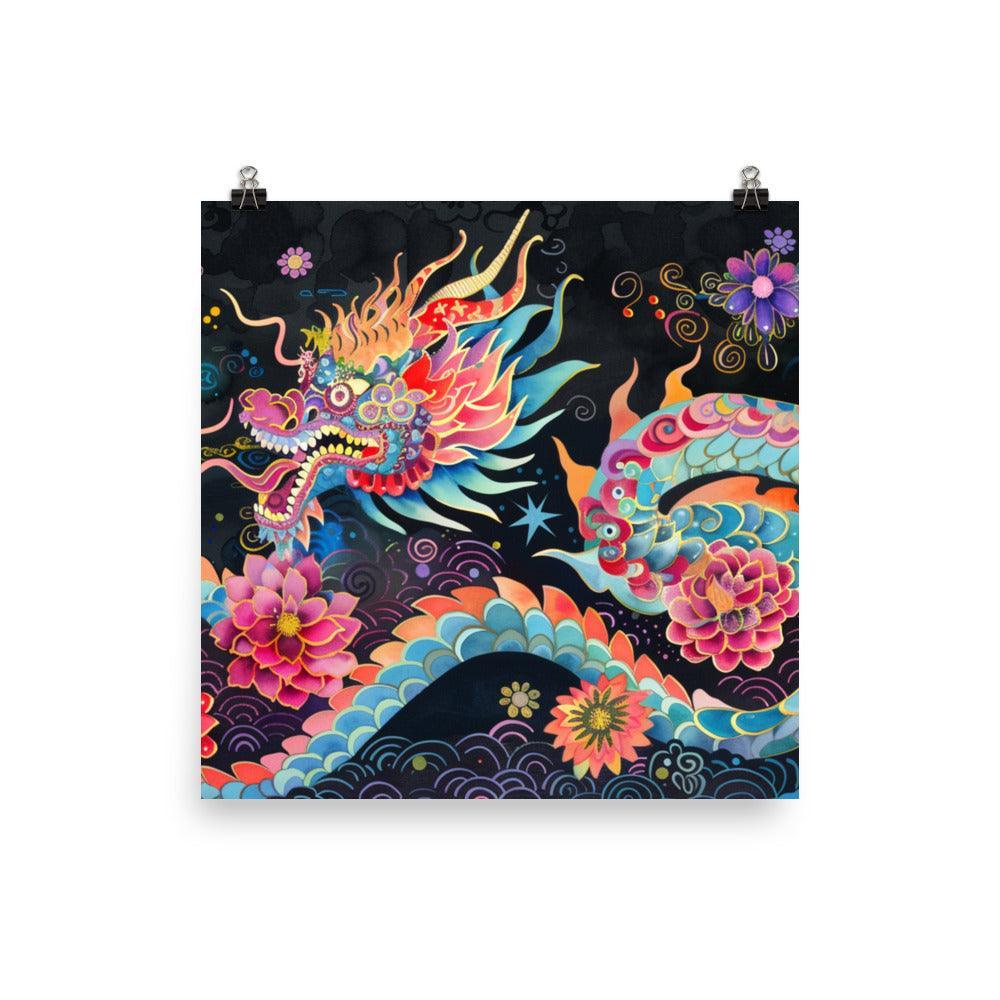 China Mythical Dragon and Night Blossoms Poster - Oh Posters