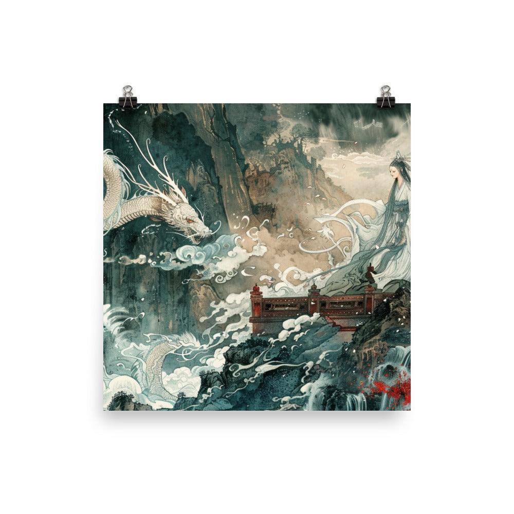 China Mystical Dragon and Goddess Waterfall Scene Poster - Oh Posters