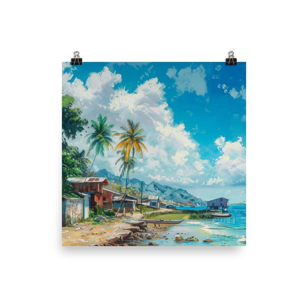 Comoros Seaside Village with Boats Scenic Artwork Poster - Oh Posters