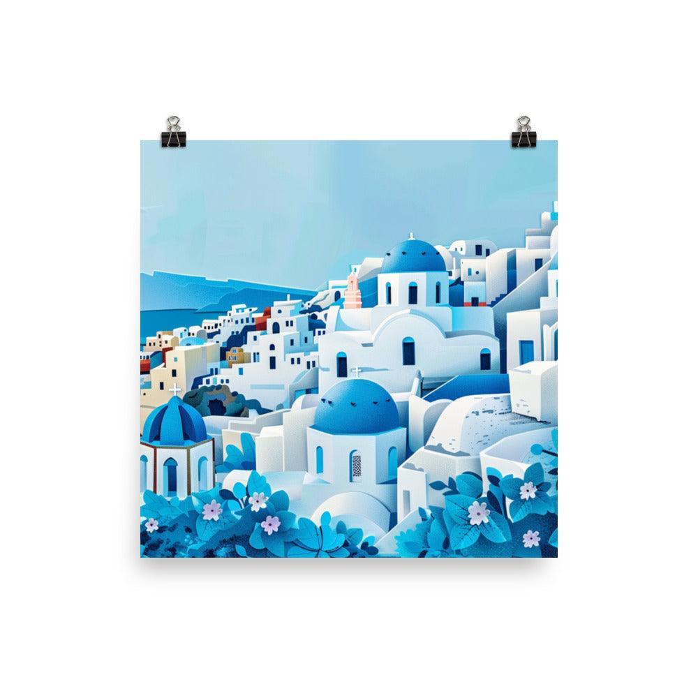 Greece Santorini Blue Domes Seaside Village Poster - Oh Posters