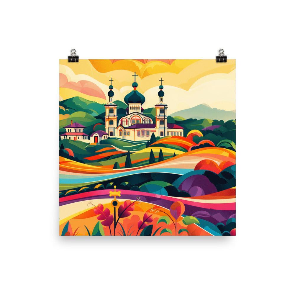 Moldova Colorful Rolling Hills with Orthodox Church Poster - Oh Posters