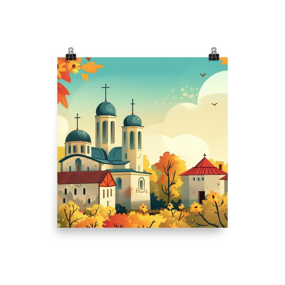 Moldova Tranquil Orthodox Church in Flowering Countryside Poster - Oh Posters