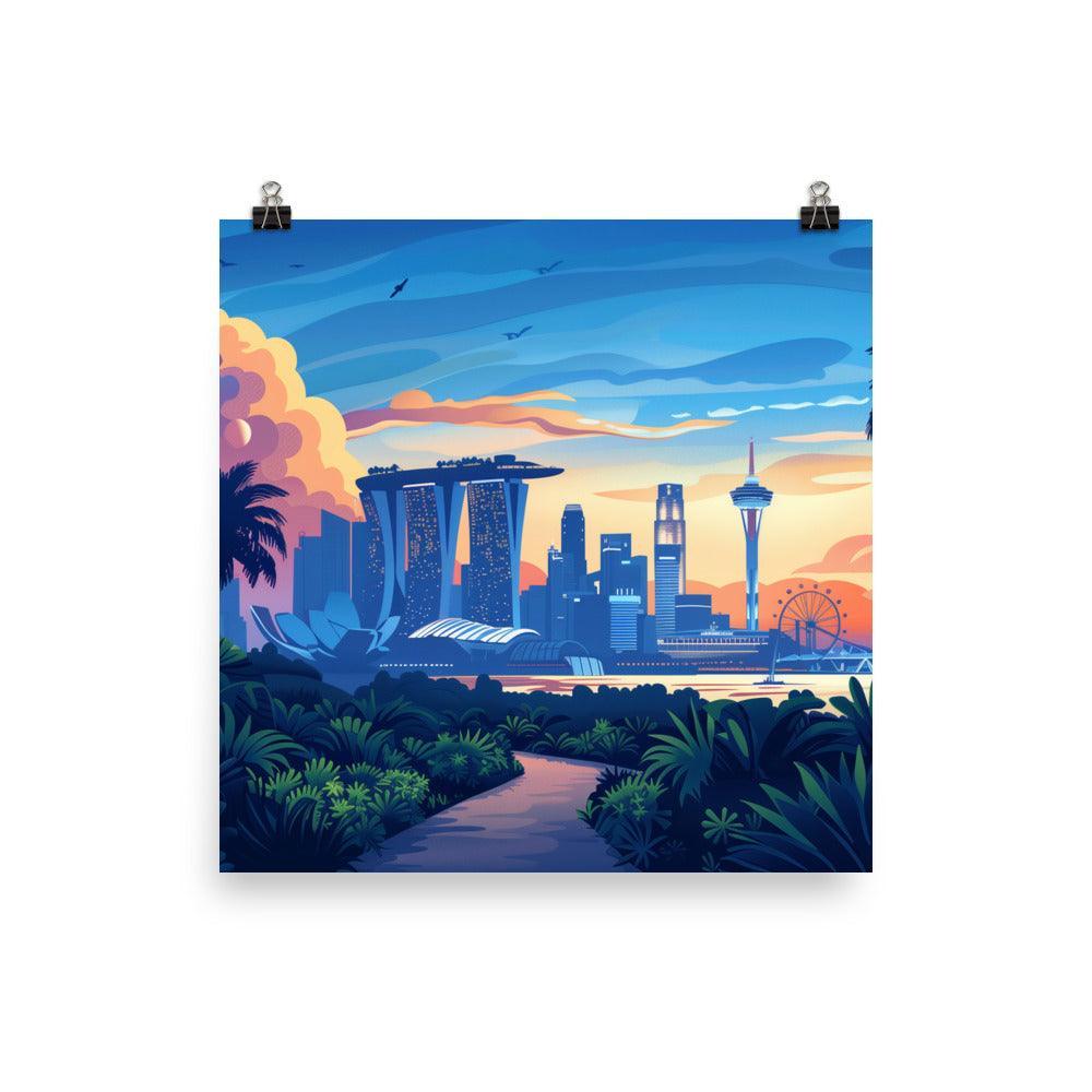 Singapore Iconic Cityscape Tropical Twilight Poster - Oh Posters