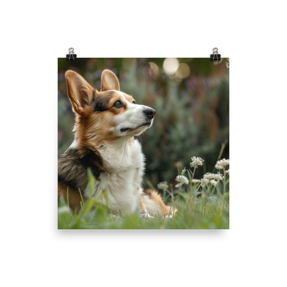 Cardigan Welsh Corgi in Flower Field Photograph Poster - Oh Posters