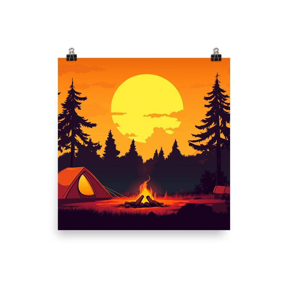 Forest Campfire Under Sunset Adventure Illustration Art Poster - Oh Posters