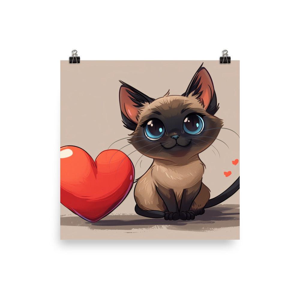 Cute Siamese Cat Cartoon Love Heart Illustration Poster - Oh Posters