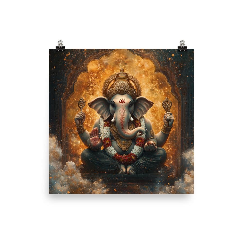 Ganesh in a Golden Temple with Flames Ethereal Artwork Poster - Oh Posters