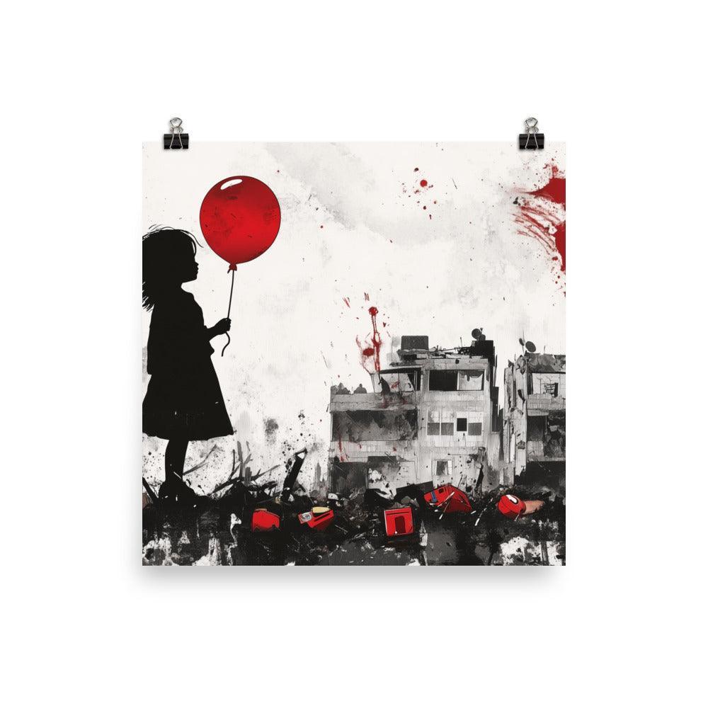 Child Holding Balloon Amidst Rubble Palestine Poster - Oh Posters