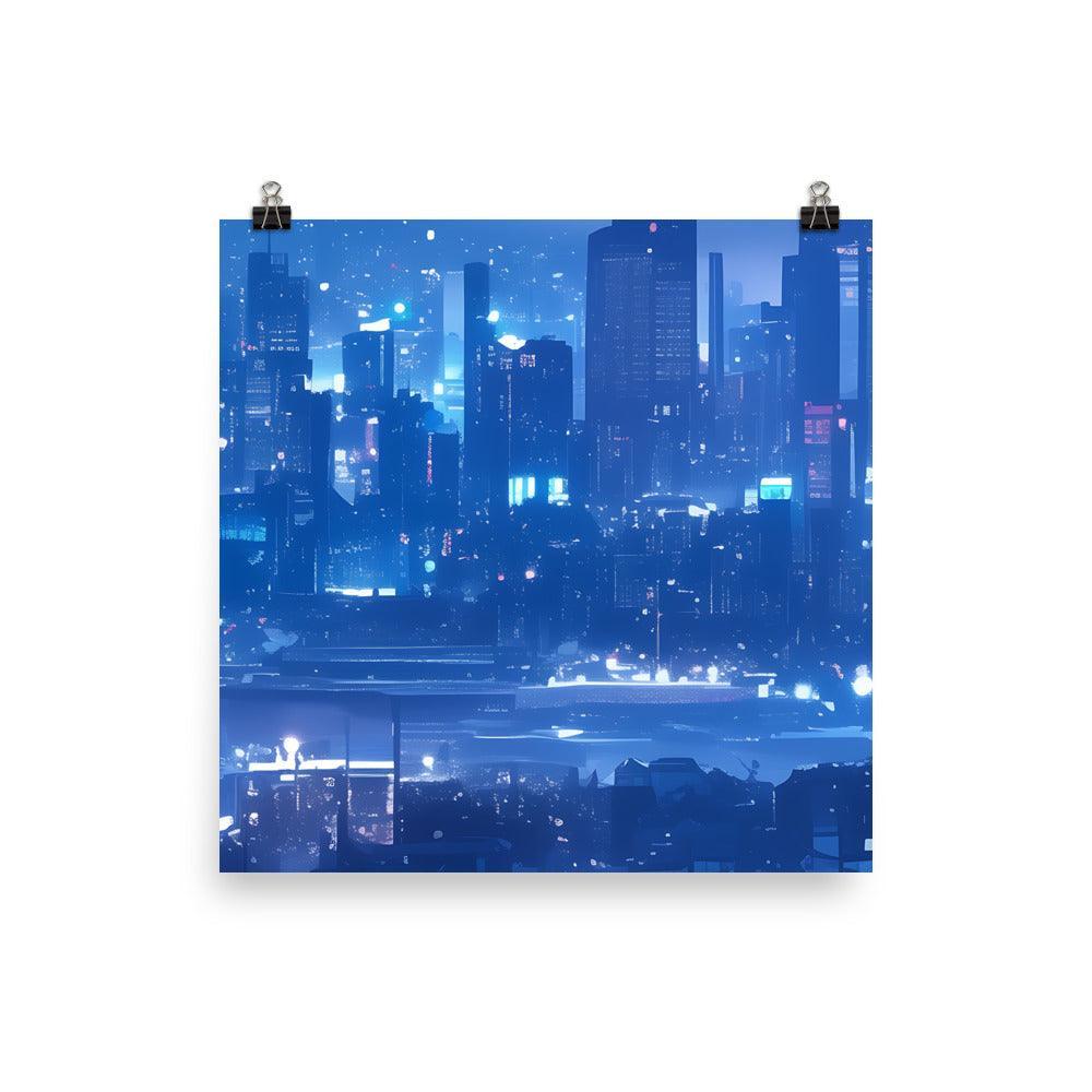 Futuristic Blue Cityscape with Neon Signs and Modern Architecture Art Poster - Oh Posters