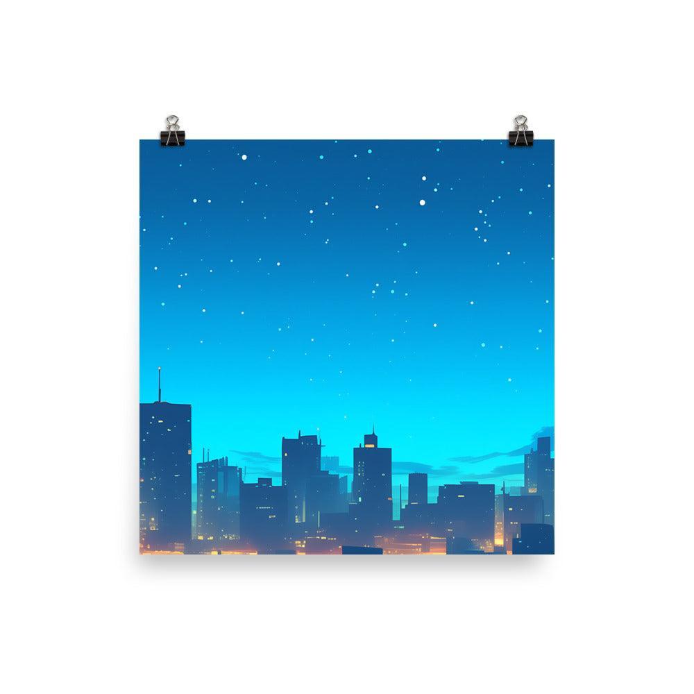 Starry Night Over City with Skyline Lights Calm Blue Atmosphere Art Poster - Oh Posters