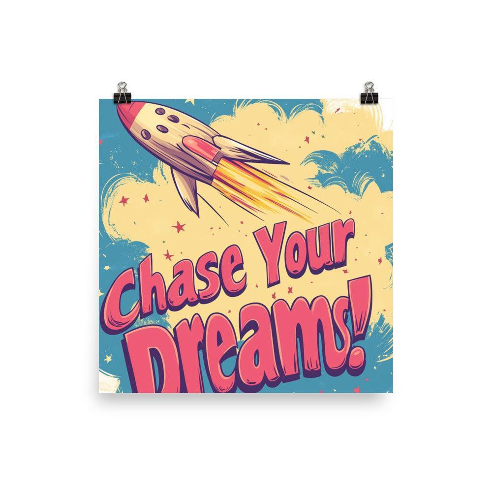 Chase Your Dreams Retro Rocket Design with Stars and Clouds Poster - Oh Posters