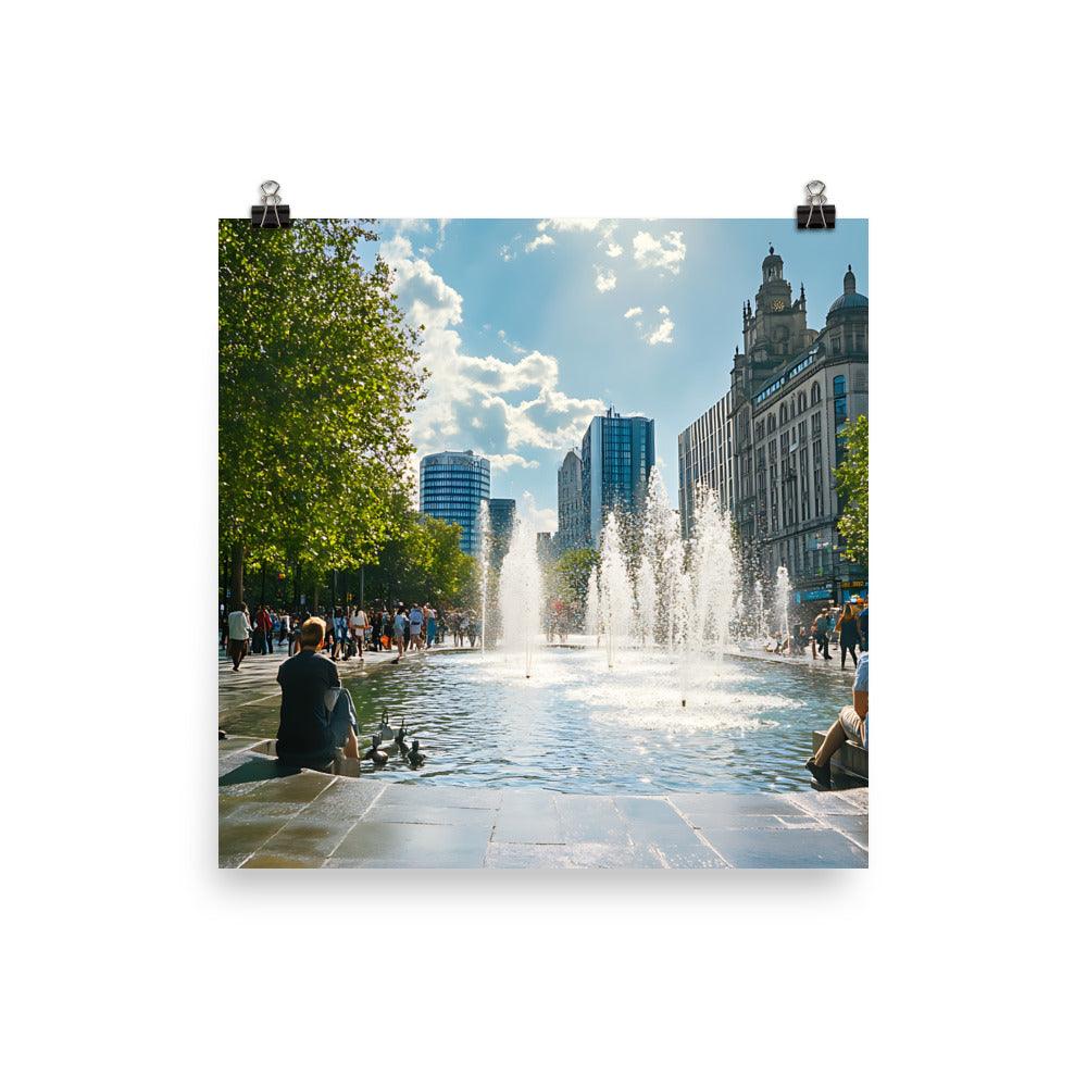 Manchester Skyline Urban Relaxation with Fountain and City Vibes Poster - Oh Posters