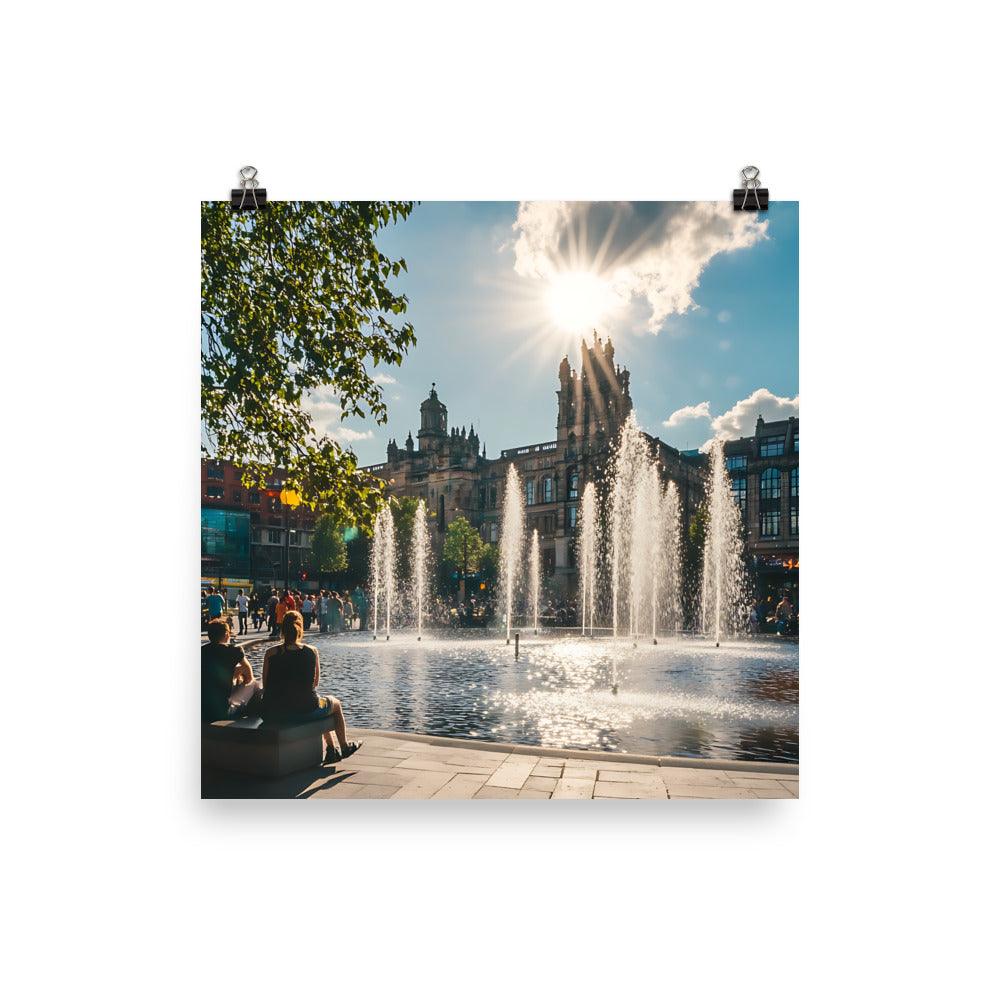 Manchester Cityscape Sunlit Fountains Afternoon Poster - Oh Posters