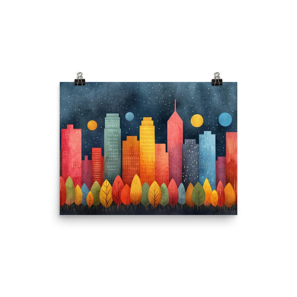 Colorful City Skyline with Night Sky Drawing Style Poster - Oh Posters