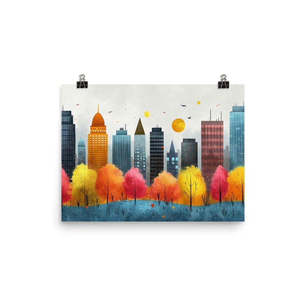 Colorful City Skyline with Cloudy Sky Drawing Style Poster - Oh Posters