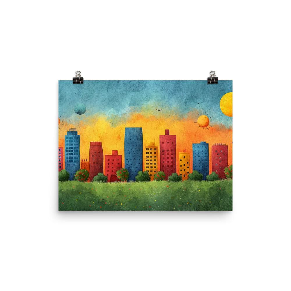 Colorful Urban City Skyline with Sunny Sky Drawing Style Poster - Oh Posters