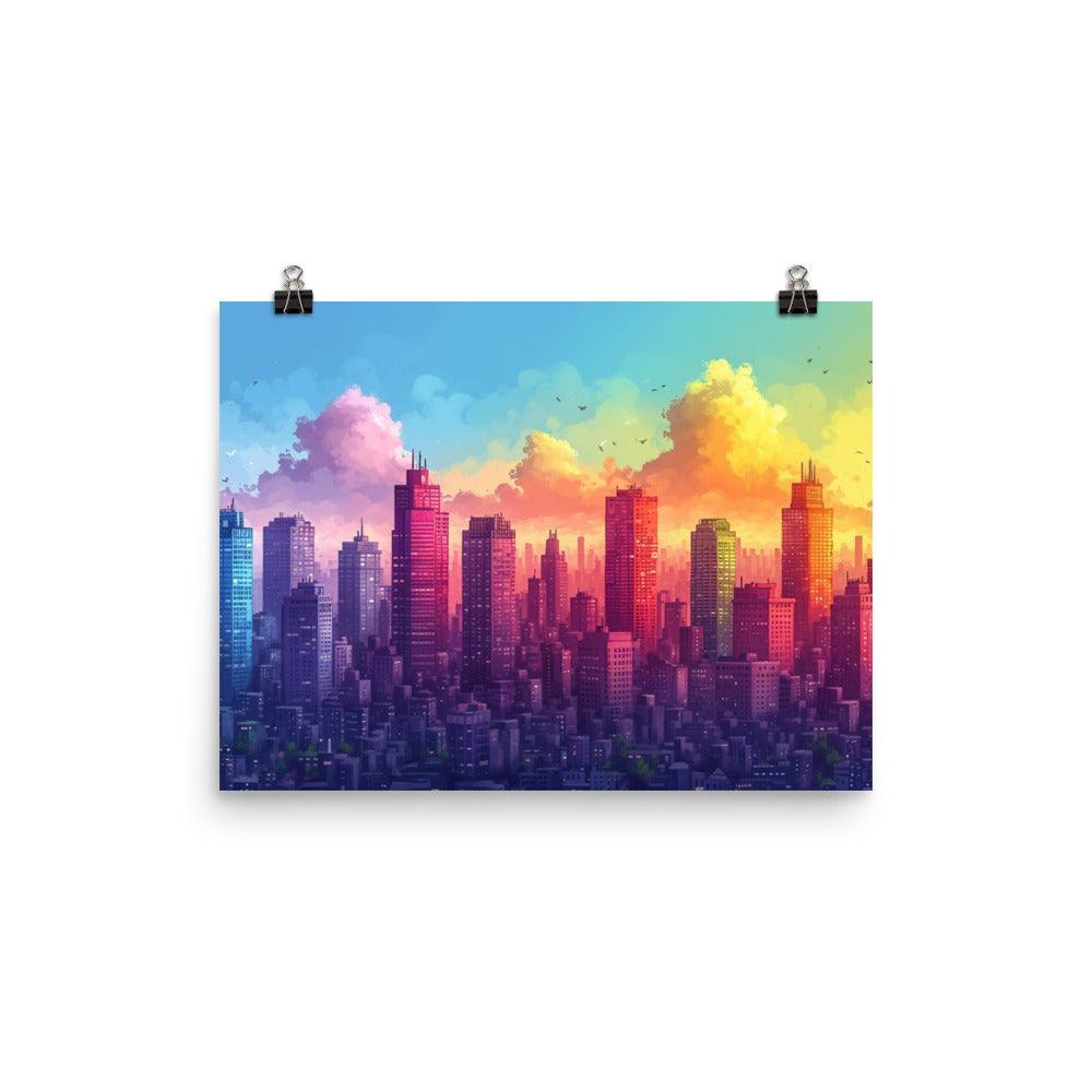 Colorful Mega City Skyline with Sunrise Sky Drawing Style Poster - Oh Posters