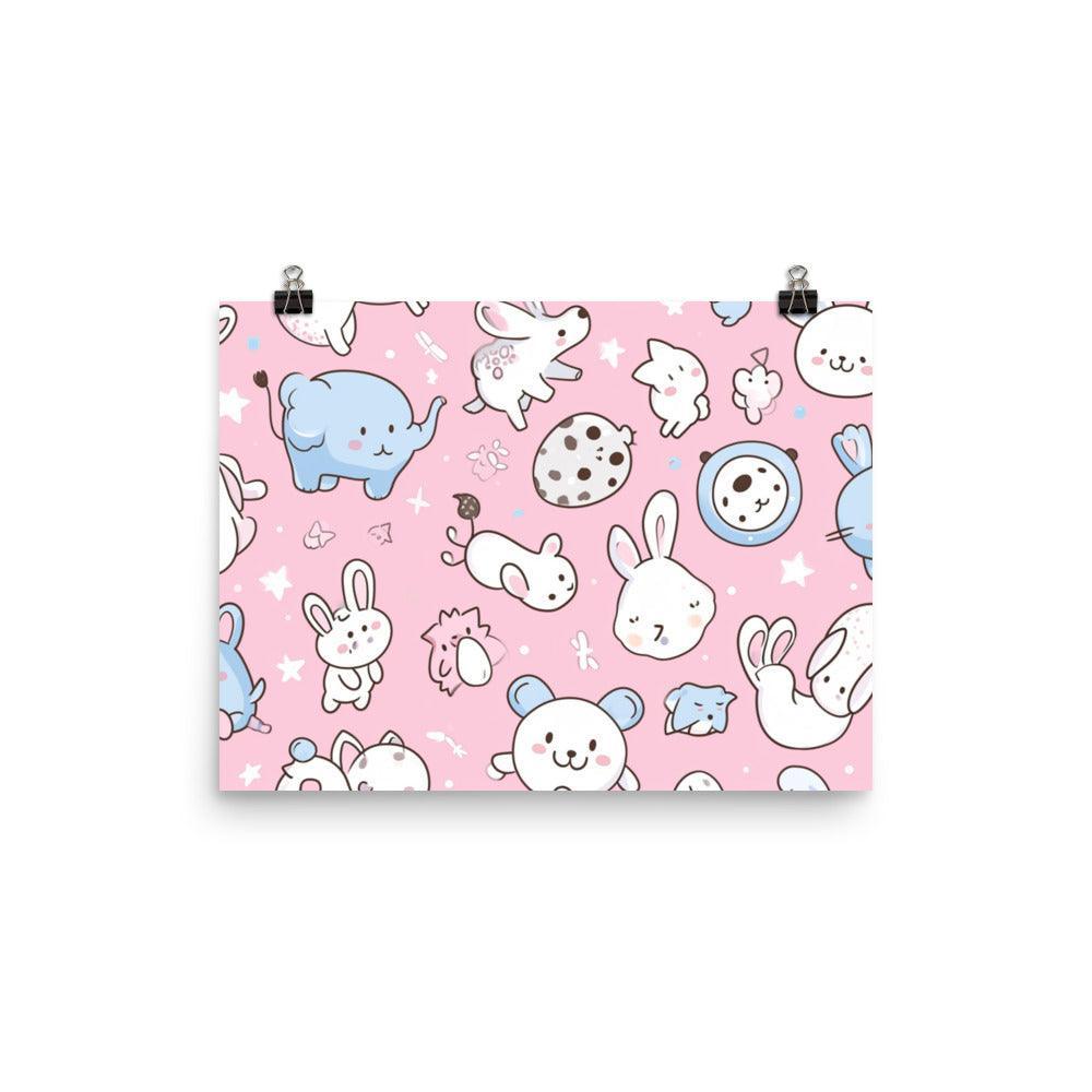 Kawaii Animals Characters Pattern on Pink Background Poster - Oh Posters