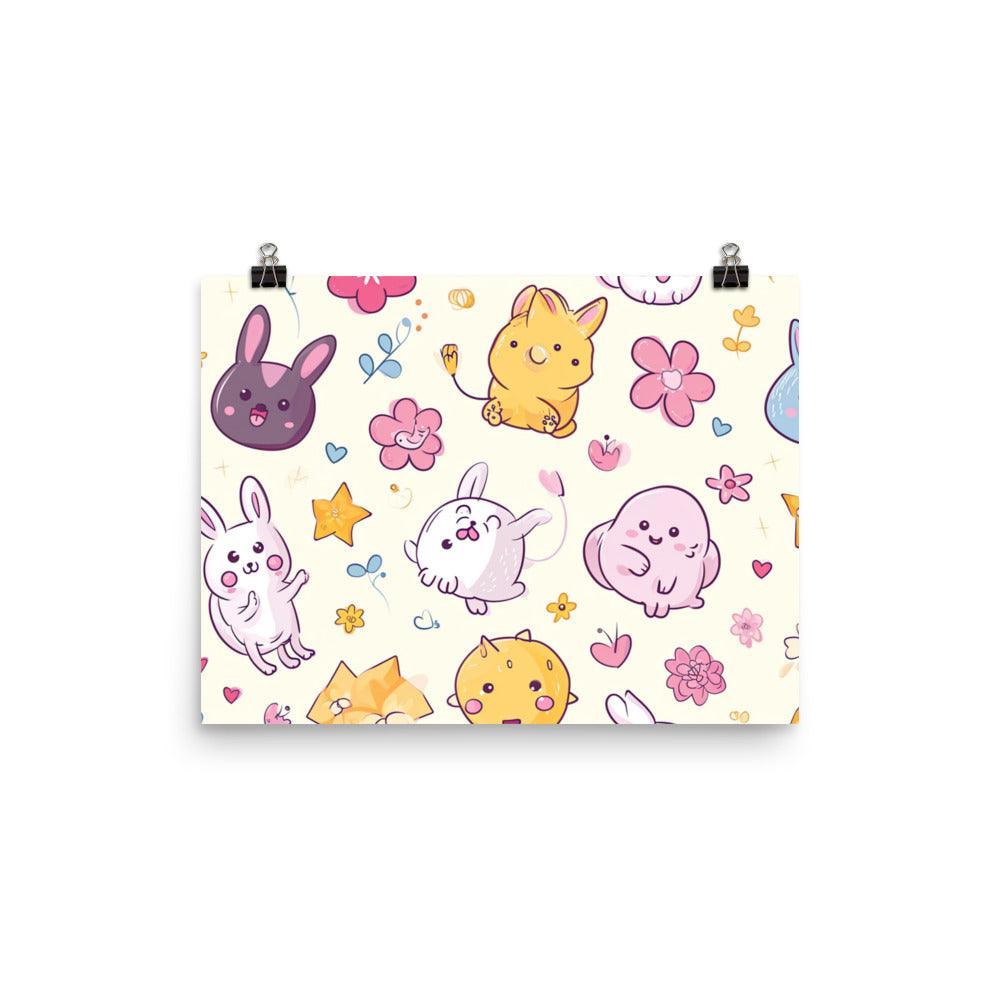 Kawaii Abstract Animals and Flowers on Pastel Wonderland Poster - Oh Posters