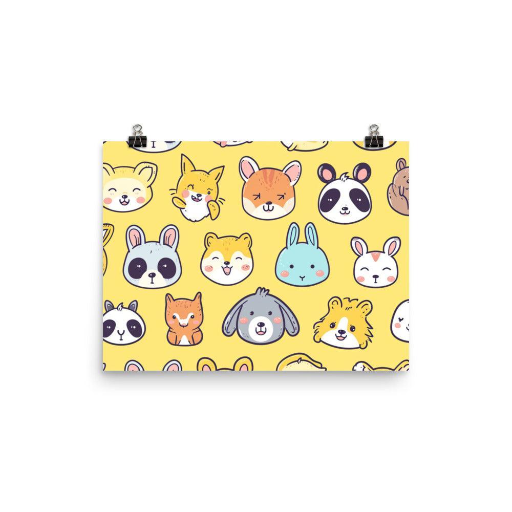 Kawaii Animal Faces Cute and Colorful Collection on Yellow Poster - Oh Posters