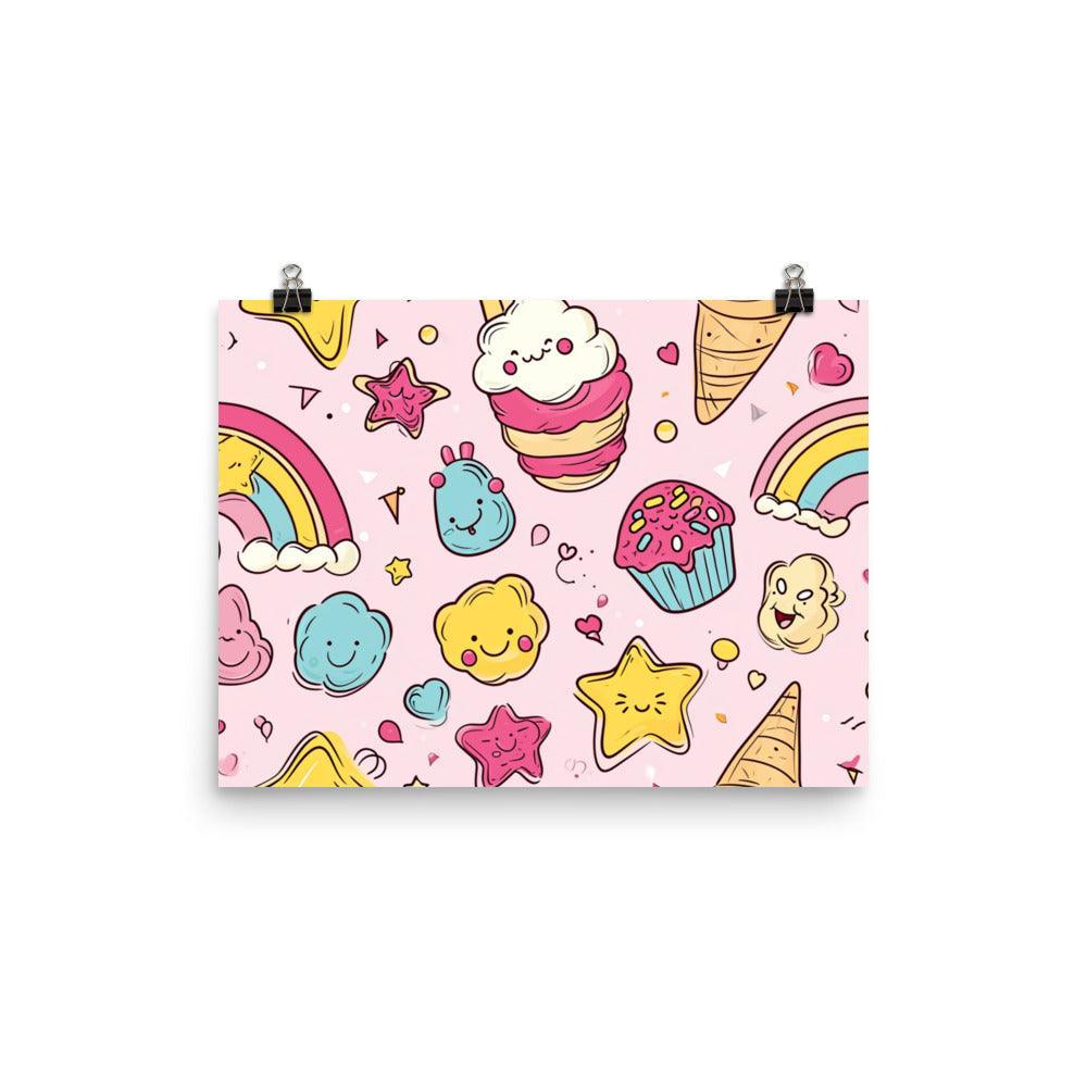 Kawaii Sweet Treats and Rainbows Pattern Cute Illustration on Pink Poster - Oh Posters