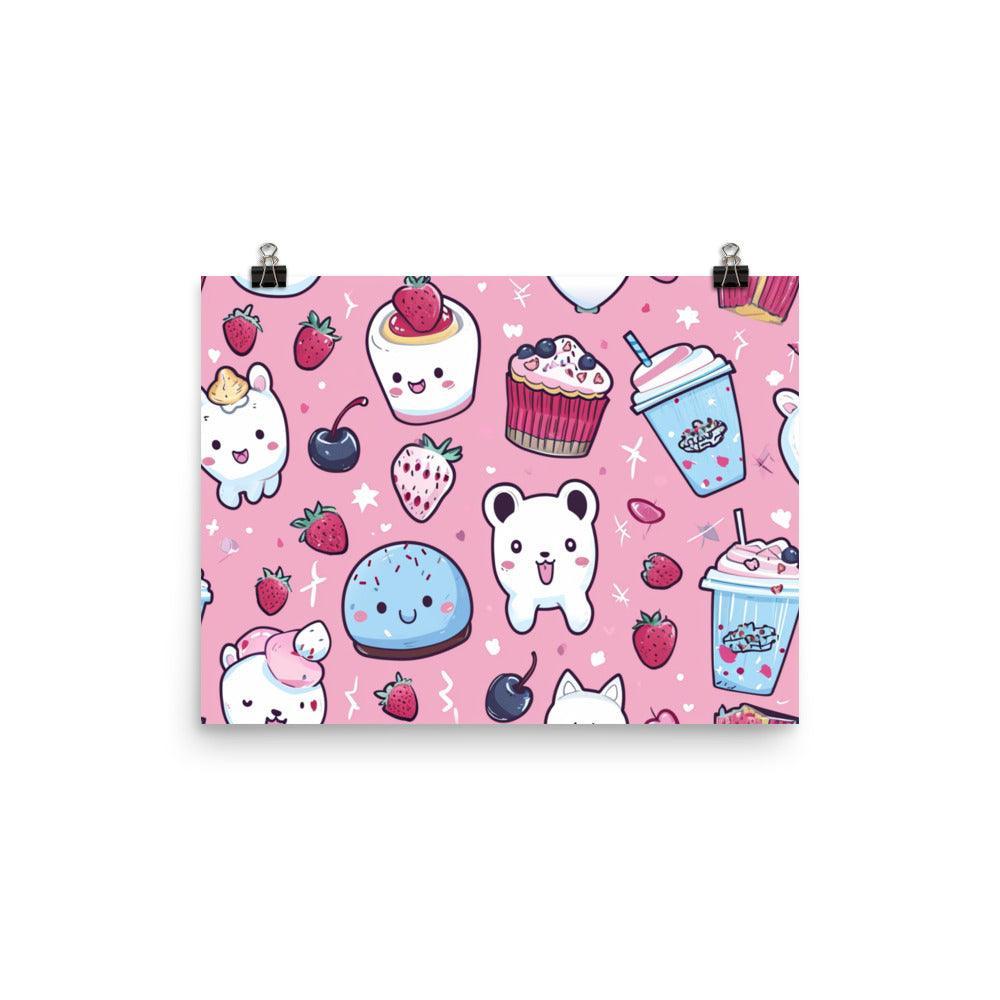 Kawaii Desserts and Beverages Adorable Characters Pattern on Pink Poster - Oh Posters