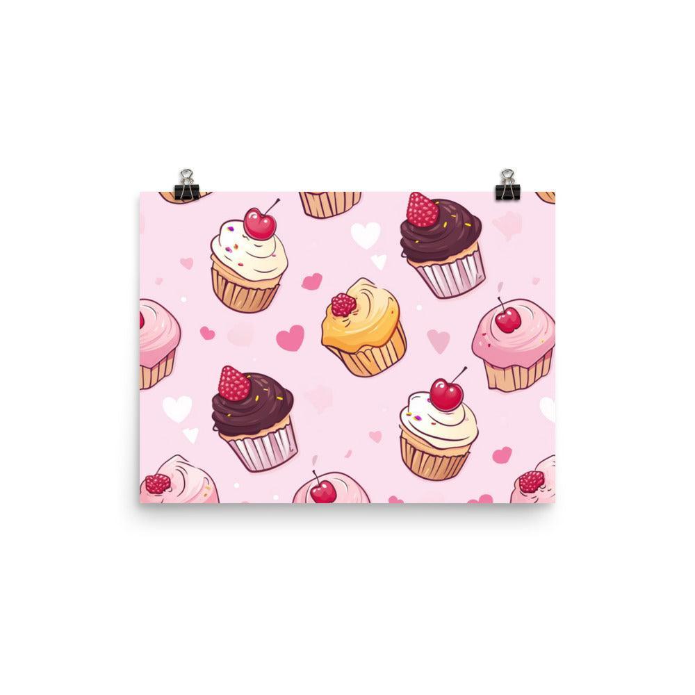 Kawaii Cute Cupcakes with Hearts Pattern on Pink Poster - Oh Posters