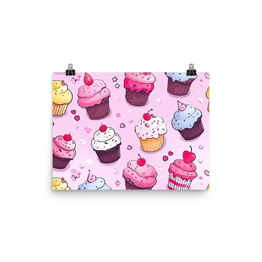 Delightful Kawaii Cupcakes with Sprinkles and Hearts Pattern on Pink Poster - Oh Posters