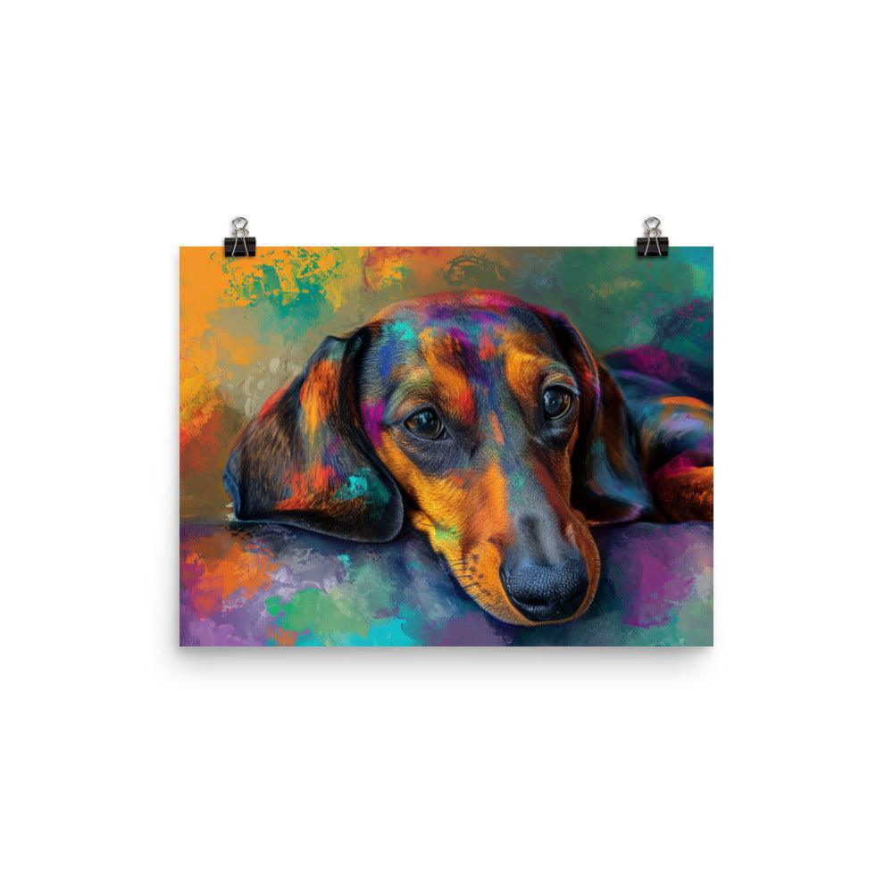 Smooth-Haired Dachshund on Colorful Abstract Art Background Poster - Oh Posters