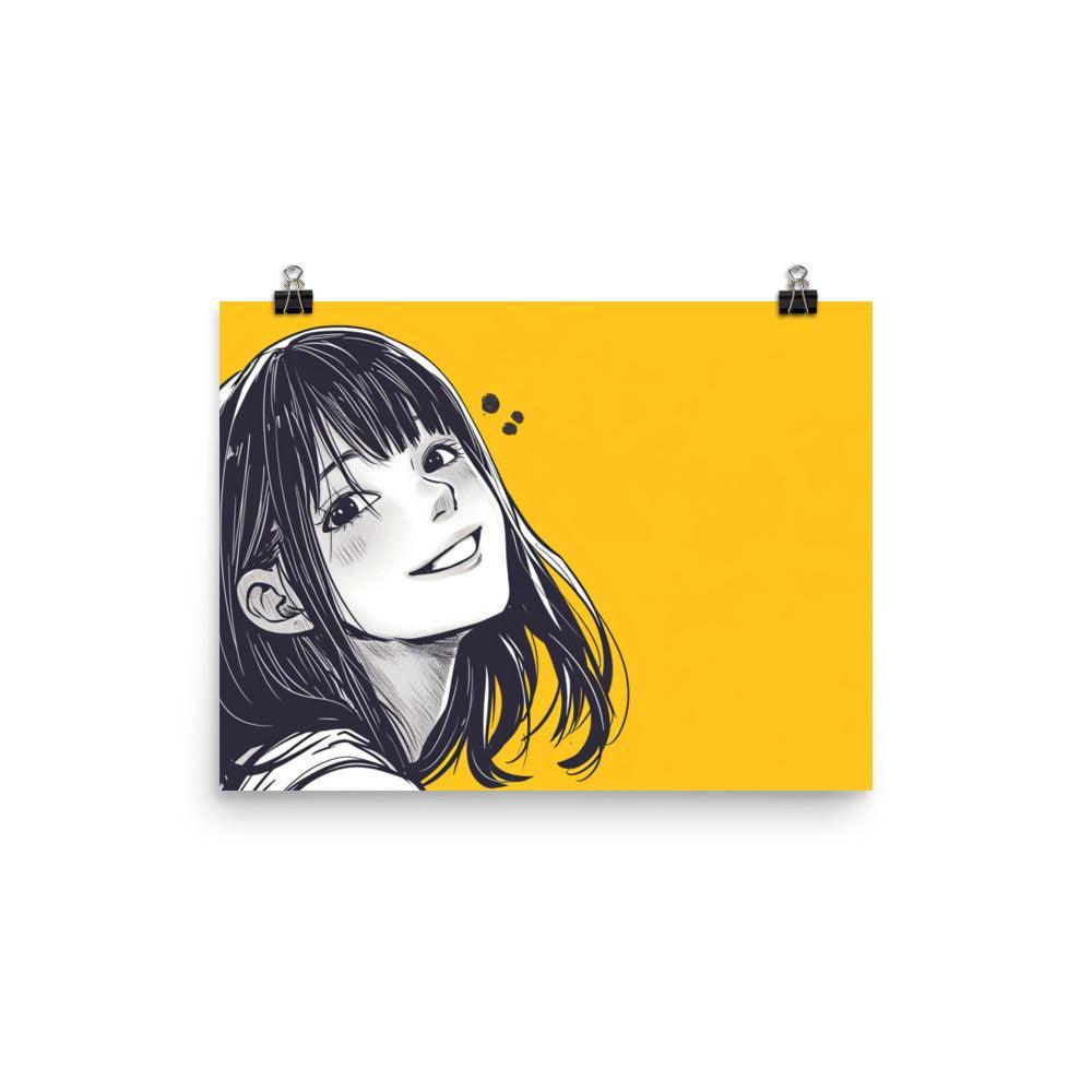 Cheerful Manga Girl Monochrome Portrait Yellow Background Poster - Oh Posters