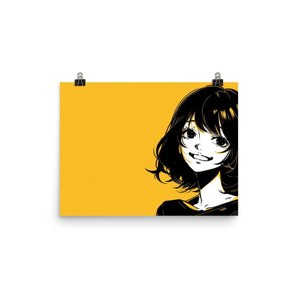 Japanese Manga Style Girl with Bob Cut Smiling Yellow Background Poster - Oh Posters