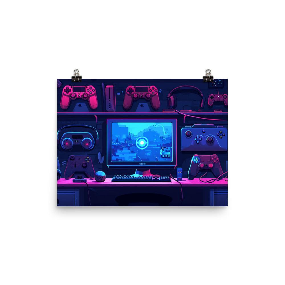 Gaming Setup Neon Glow Digital Art Poster - Oh Posters