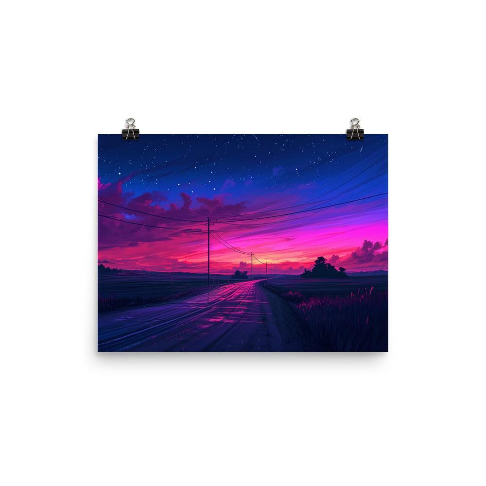 Dusk Road with Electricity Poles Vivid Digital Poster - Oh Posters