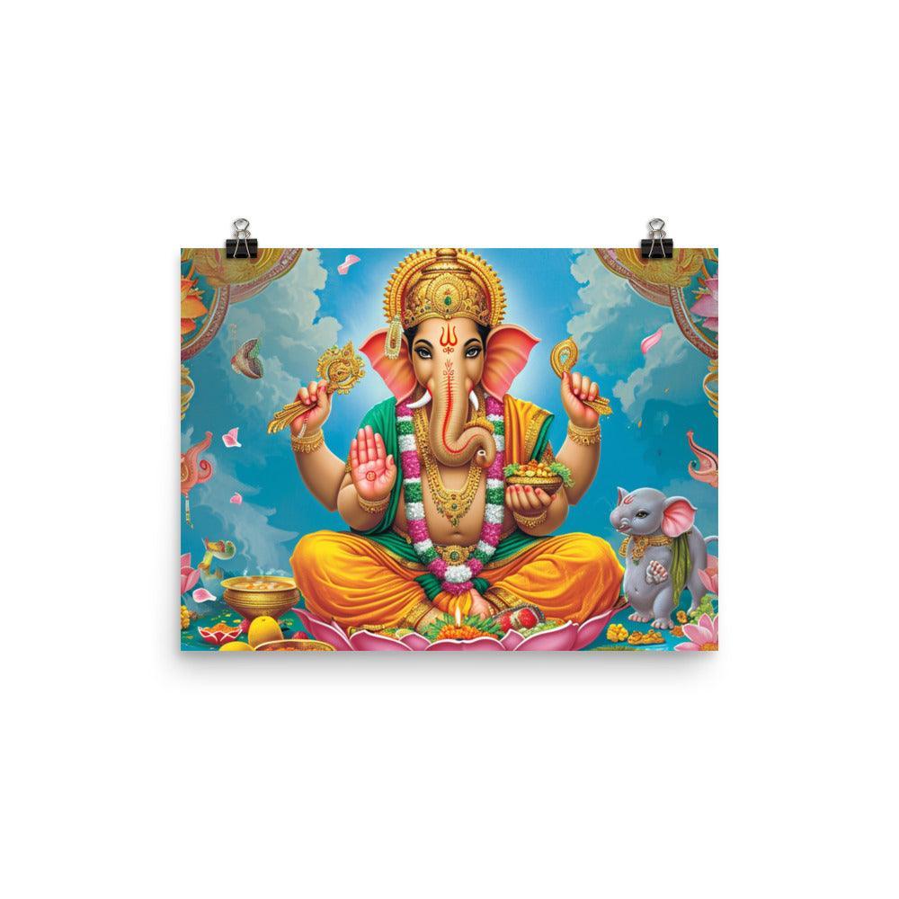 Ganesha Serene Deity with Mouse and Marigolds Poster - Oh Posters