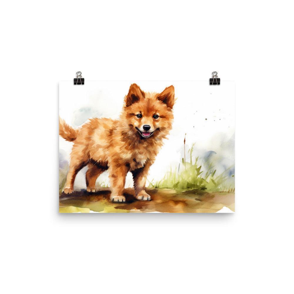 Finnish Spitz Puppy Playful Watercolor Art Poster - Oh Posters