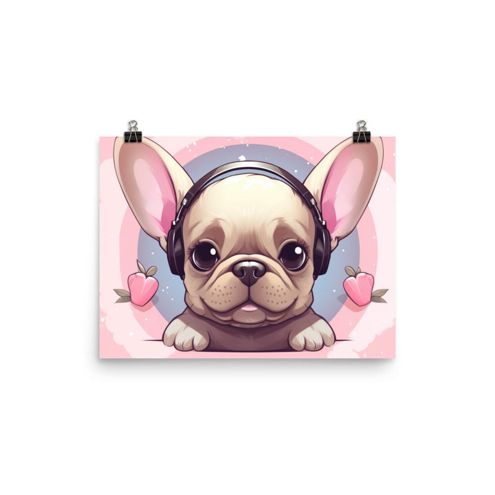 Fawn French Bulldog with Headphones Cute Pink Poster - Oh Posters