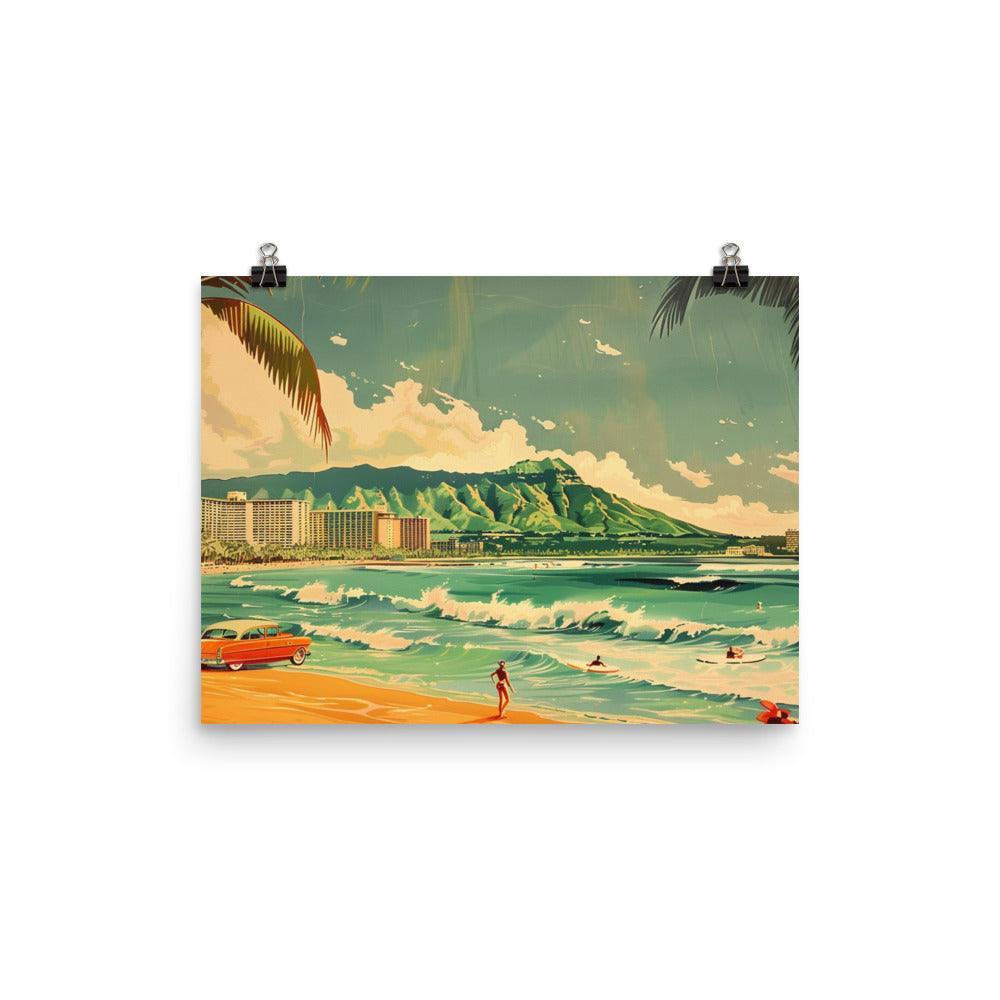 Classic Surfing Waikiki Retro Car Beach Scene Poster - Oh Posters