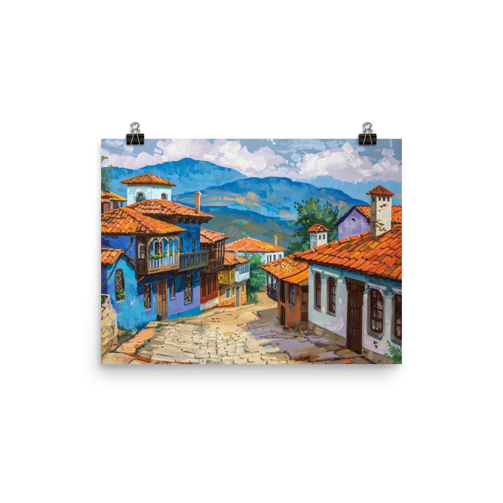 Bulgarian Village Blue Houses Oil Painting Poster - Oh Posters