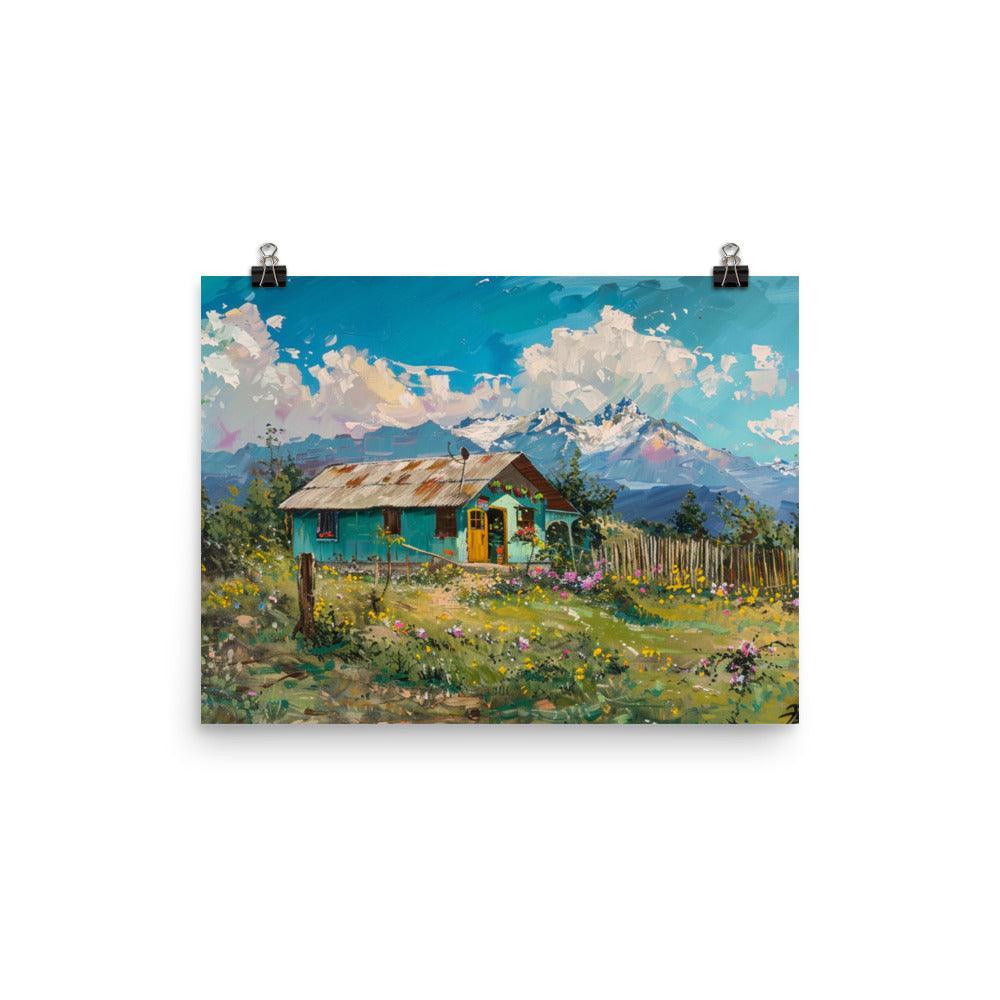 Chile Scenic Mountain Landscape with Colorful Cabin Oil Painting Poster - Oh Posters