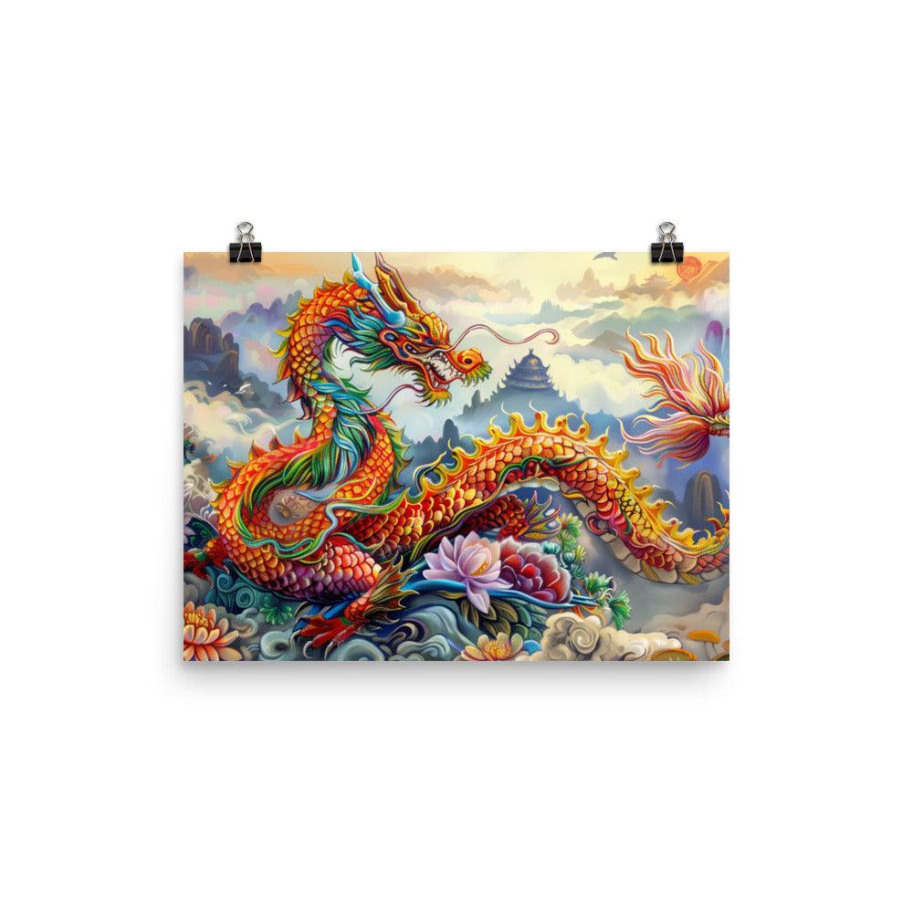 China Vibrant Dragon and Floral Fantasy Art Poster - Oh Posters