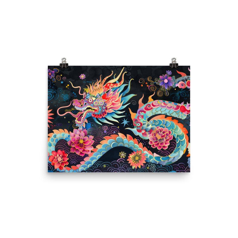 China Mythical Dragon and Night Blossoms Poster - Oh Posters