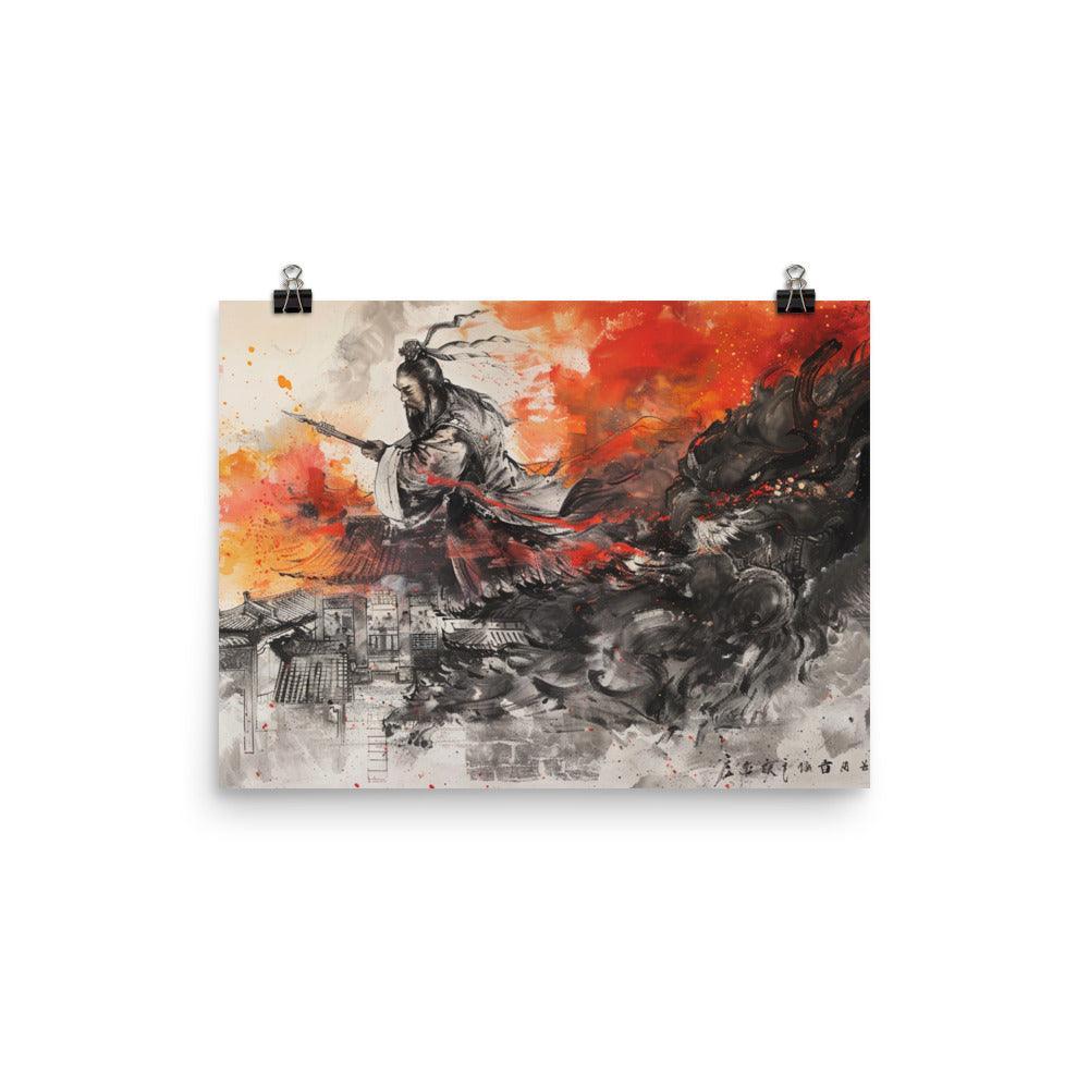 China Ancient Warrior and Dragon Battle Ink Painting Poster - Oh Posters