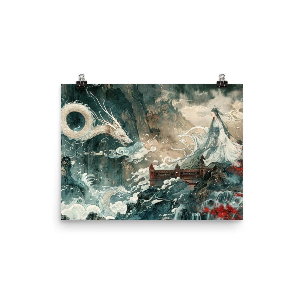 China Mystical Dragon and Goddess Waterfall Scene Poster - Oh Posters