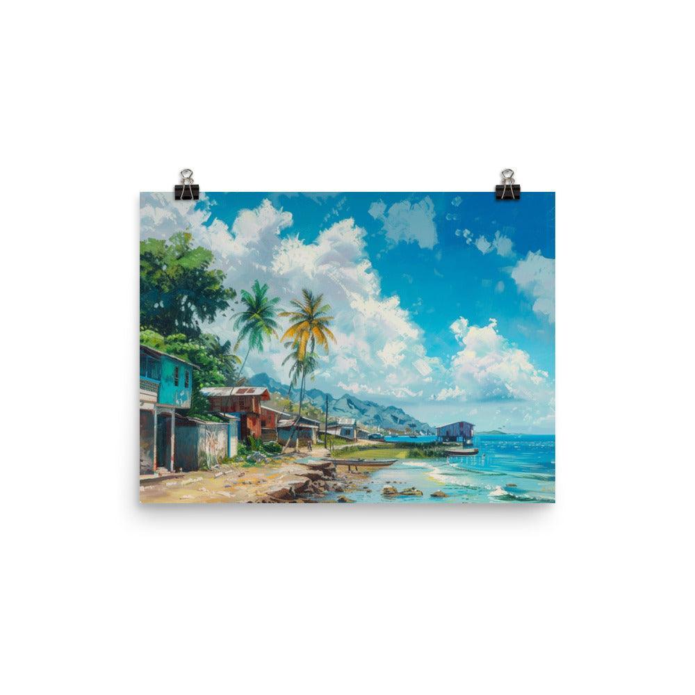 Comoros Seaside Village with Boats Scenic Artwork Poster - Oh Posters