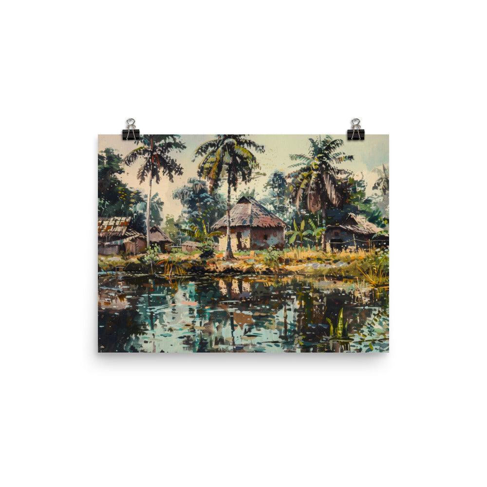 Côte d’Ivoire Riverside Village Tropical Painting Poster - Oh Posters