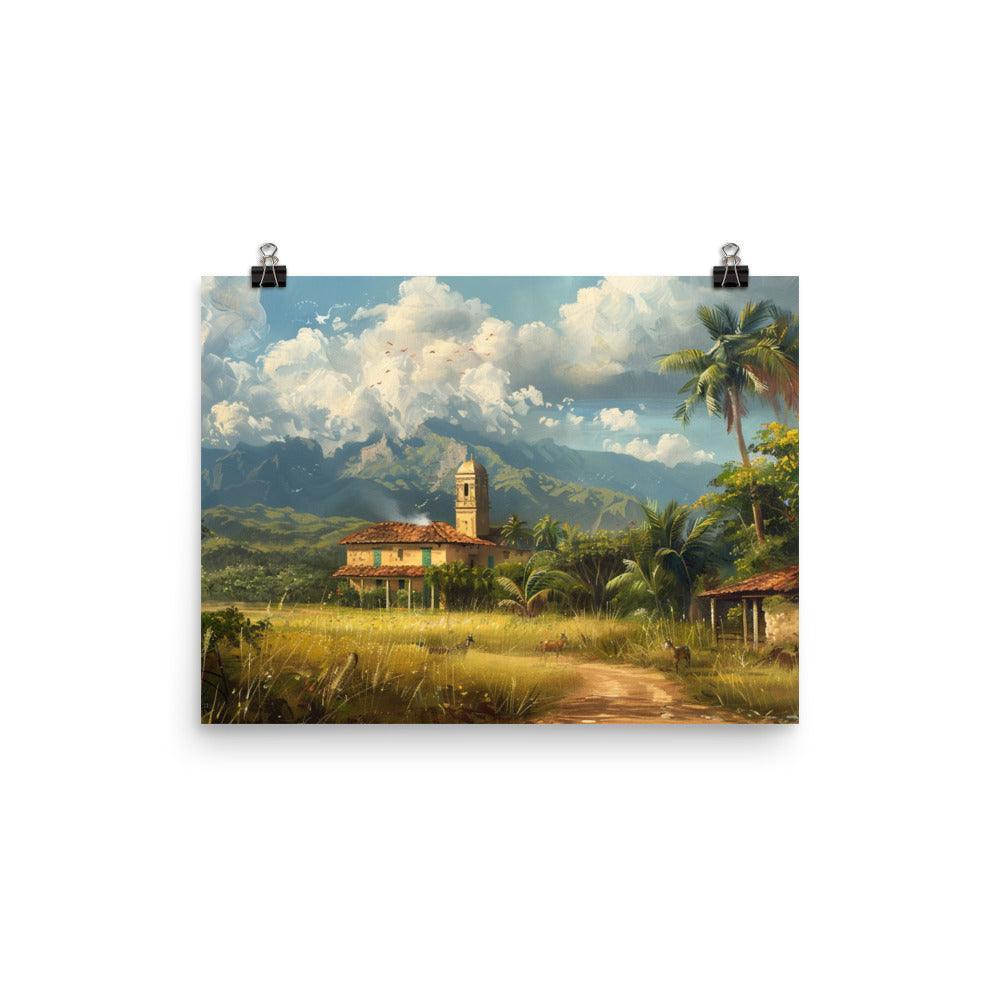 Cuba Rural Landscape with Church and Mountains Painting Poster - Oh Posters