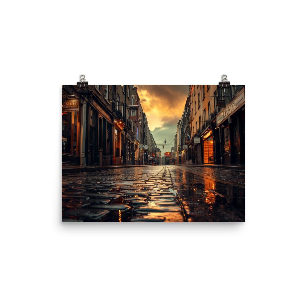 Ireland Rainy Cobblestone Street Evening Poster - Oh Posters