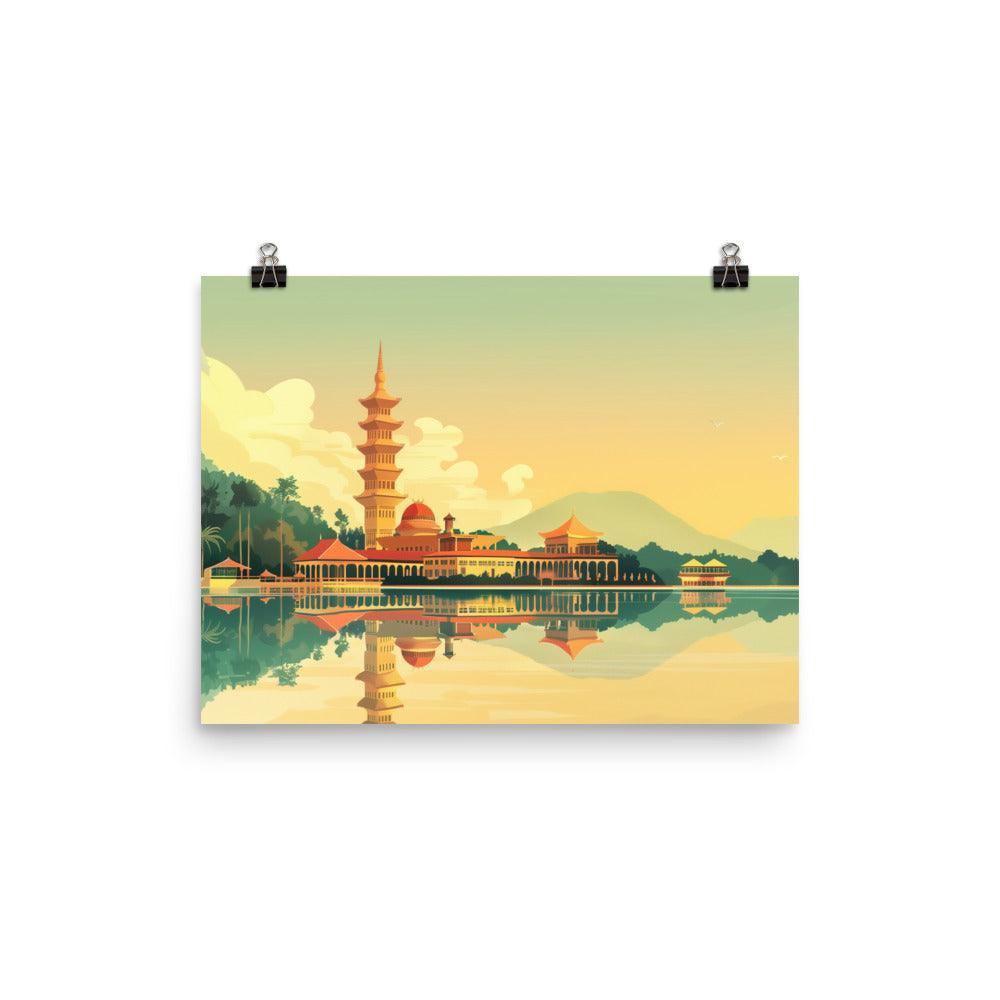 Malaysia Tranquil Pagoda Lakeside Reflection Poster - Oh Posters